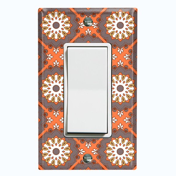 Metal Light Switch Plate Cover Mandala Orange Brown Floral Pattern Damask MDL115