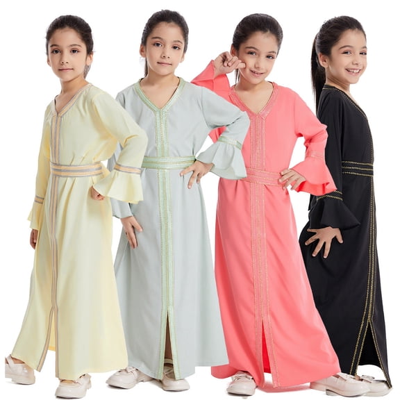 QSXADF Muslim Girls Abayas Long Sleeve Prayering Dress Muslim Style Solid Color Ruffled Long Sleeve V-Neck Ankle Length Modest Girl's Dresses Toddler Girls Outfits