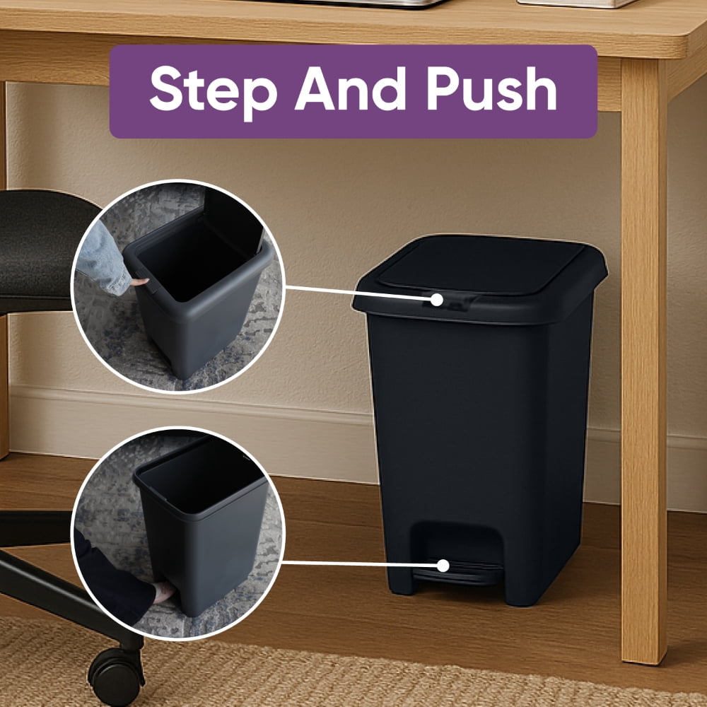 Superio 10L Slim Step & Push Trash Can - Dual Opening, Compact Design (10.63"x7.68"x13.53") - Black