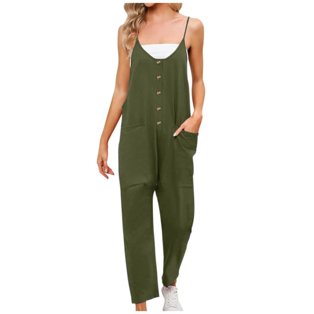 Summer Jumpsuits for Women Spaghetti Straps Casual Button V Neck Plain Cropped Pants Rompers Outfits with Pockets