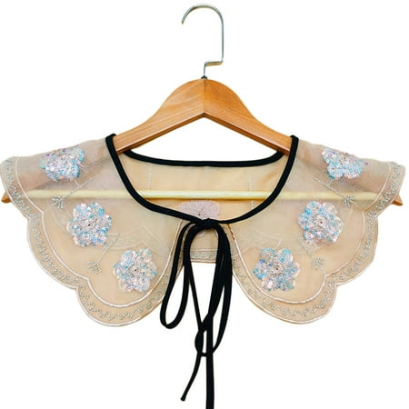 

Women Emboridery Floral Beads Shawl Detachable Collar Sheer Half Shirt Lace-Up