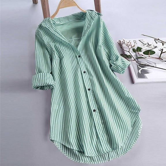 Craaazy Button Down Shirts for Women Loose Stripe Turn-down Collar Long Sleeve Top Button Loose Top Blouse Gifts for Women