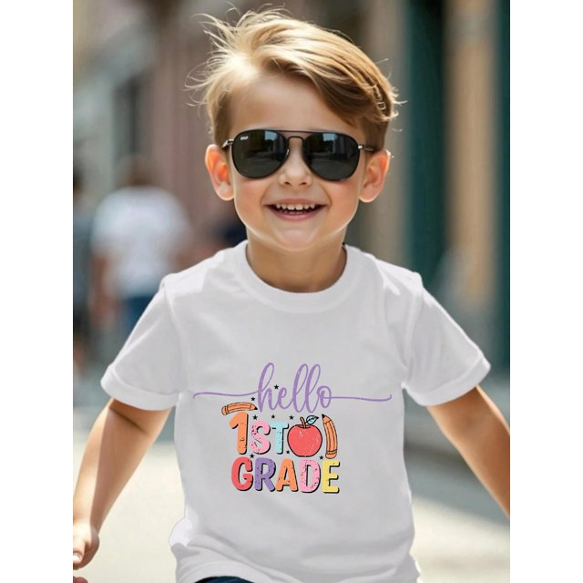 Boys' Casual Round Neck T-Shirt with "Hello 1st Grade" Back-to-School Print - Short Sleeve, Breathable Fabric, Regular Fit, School & Casual attire, First Grade Tshirt, Comfortable Kids'