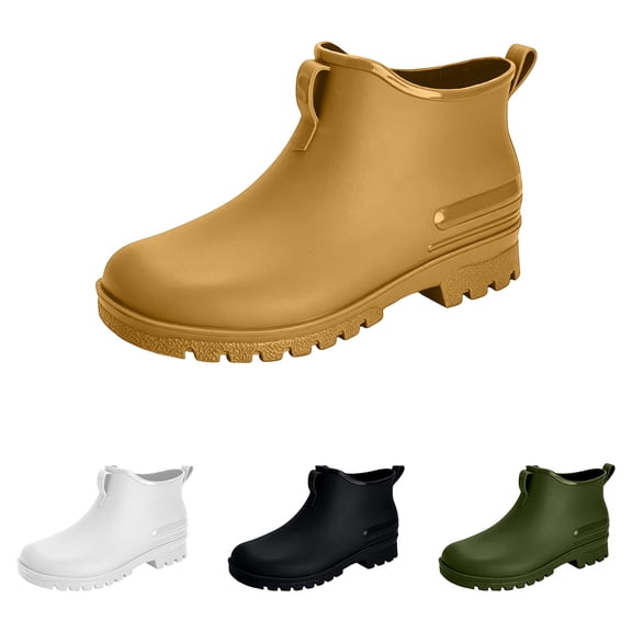 Women Fashion Low Ankle Slip on Rain Boots Waterproof Anti-Slip Deep Lug Sole Short Wellies Lightweight Footwear for Rainy Commute, Garden Yard Work White 10(44)