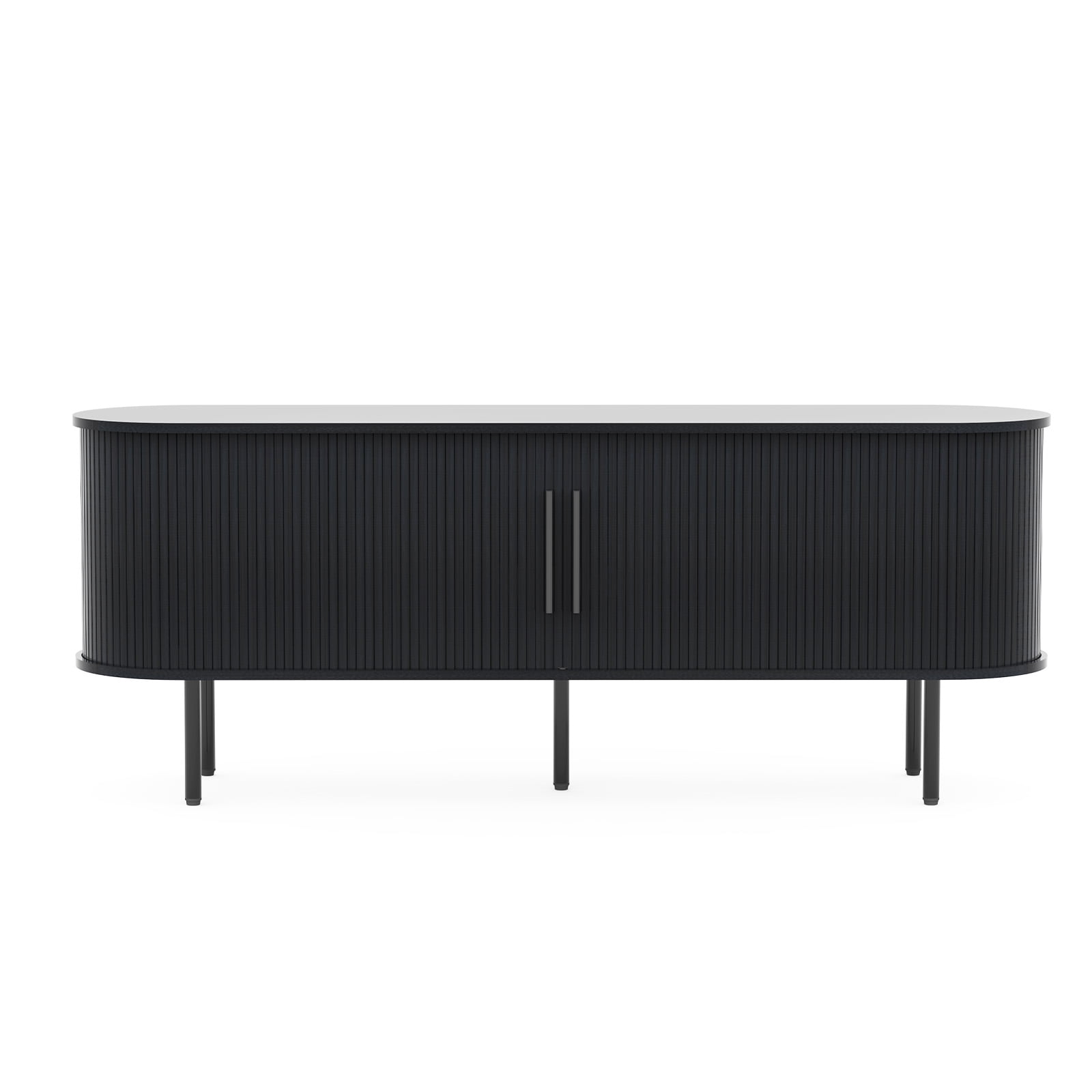 Embossed Particle Board TV Stand, Oval Tabletop 147x35x58cm, Entertainment Center with Slatted Sliding Doors, Modern Media Console Cabinet for Living Room, Black