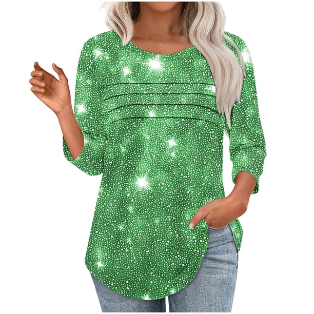 Heisall Womens Tops 3/4 Sleeve Round Neck Loose Casual Tshirts Striped Print Pullover