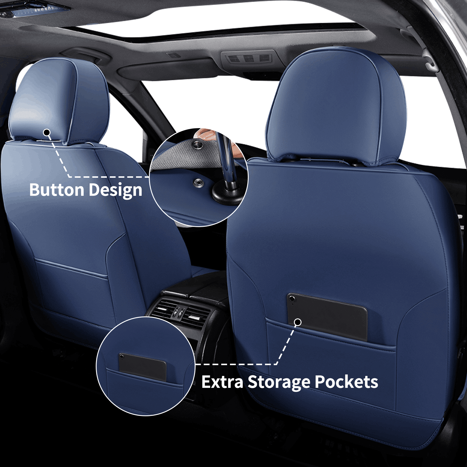 FLORICH Car Seat Covers Full Set, Waterproof Faux Leather Seat Protectors, Automotive Interior Cushions Universal Fit for Most Cars Suv Trucks, Black & Blue