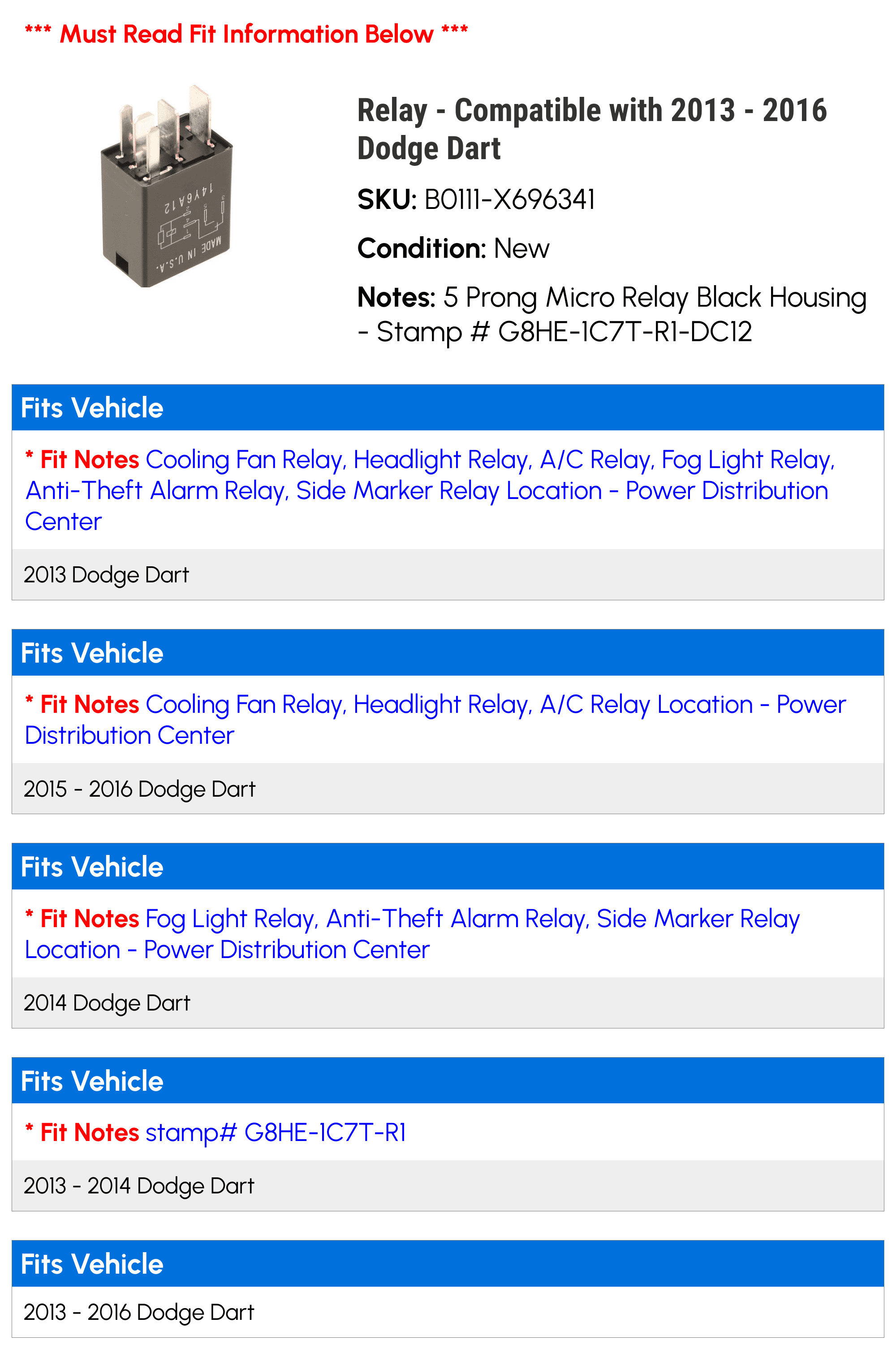 Relay - Compatible with 2013 - 2016 Dodge Dart 2014 2015