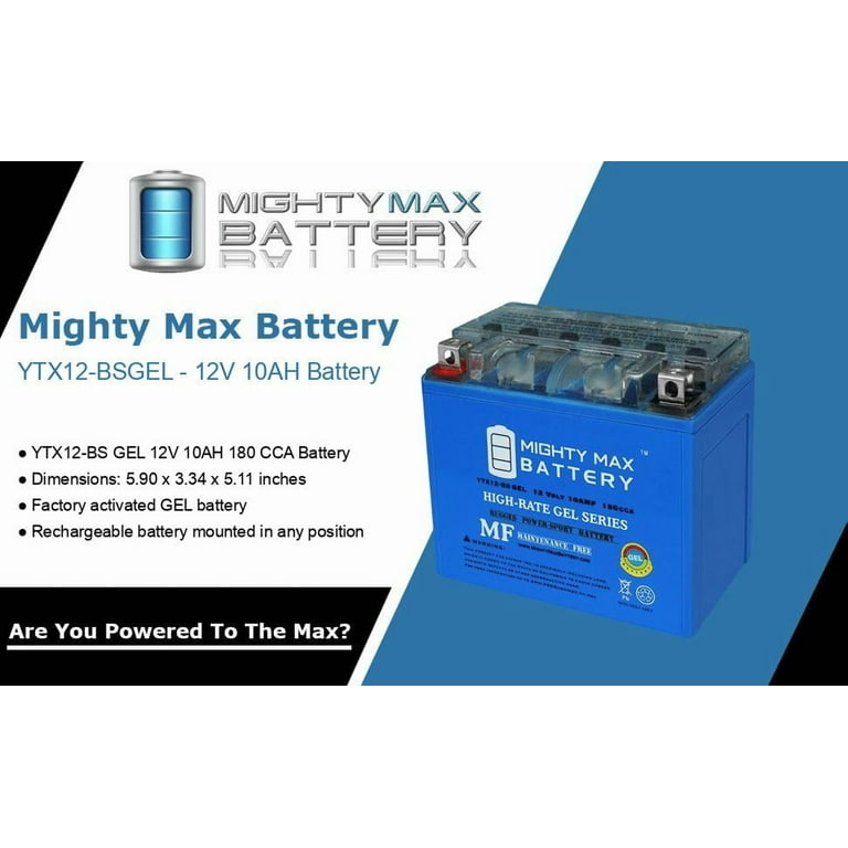 Mighty Max YTX12-BS GEL Motorcycle Battery, 12V 10AH, 180 CCA