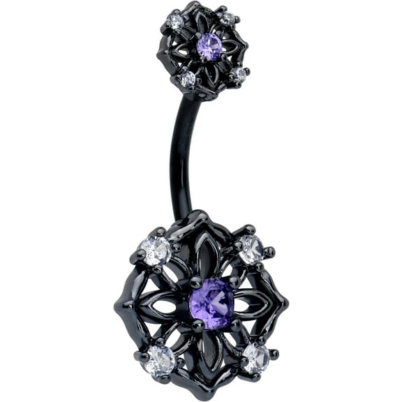 Body Candy Double Mount Belly Ring - 316L Stainless Steel Navel Ring Piercing Black Flower Ring Belly Button Ring for Women Men