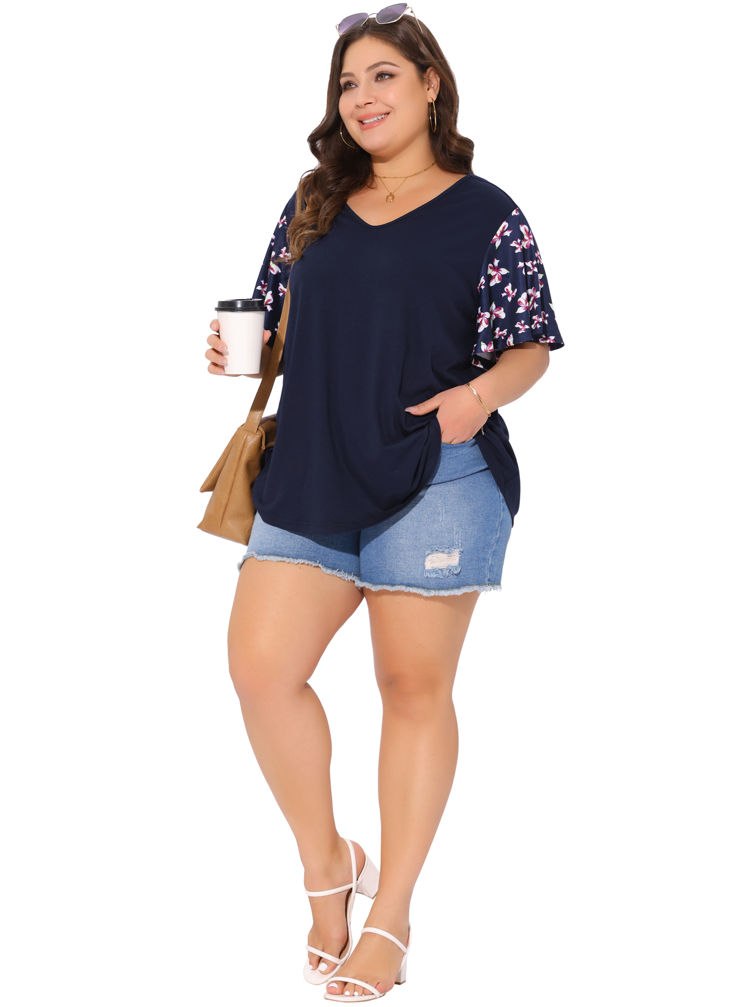 DARING DIVA Women's Plus V Neck Floral Flutter Sleeve Blouse Casual 3X Dark Blue