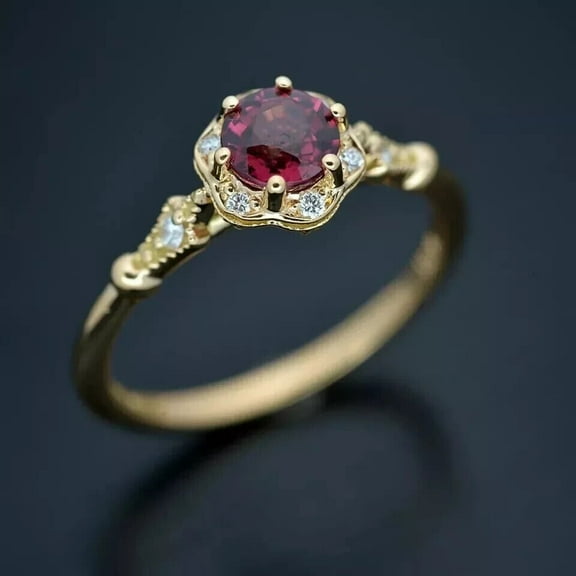Divine_creation 2Ct Round Cut Red Ruby Wedding Engagement 14K Yellow Gold Plated 925 Sterling Silver For Women's -6.5