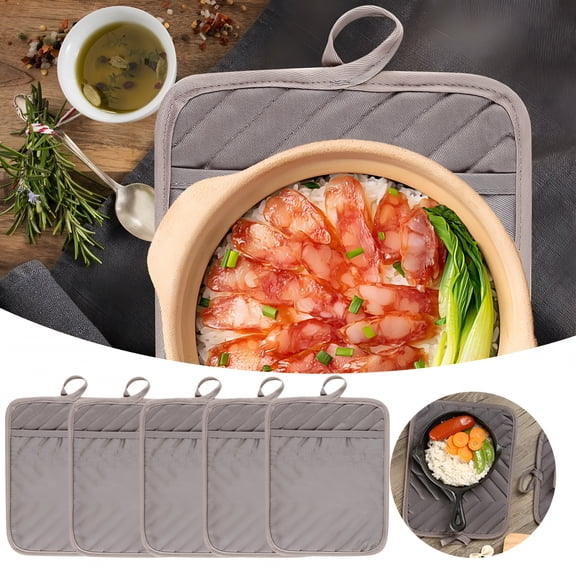 ACDANC 5Pack Pocket Pot Holders Cotton Heat Potholder Multipurpose Hot Pads Machine Washable Oven Cloth Potholders for Daily Kitchen Baking and Cooking 9 X 7 In (Grey)