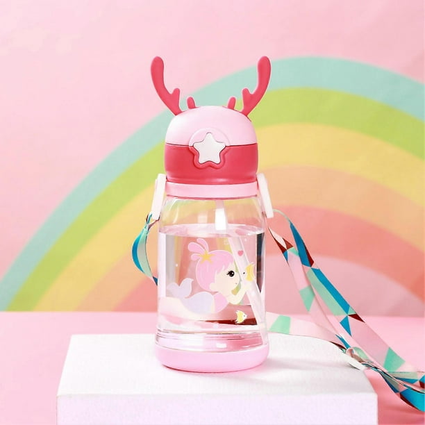 600ml Antler Shaped Water Bottle Cartoon Kids Water Bottle with Straw Portable Water Cup for Children Pink Fish