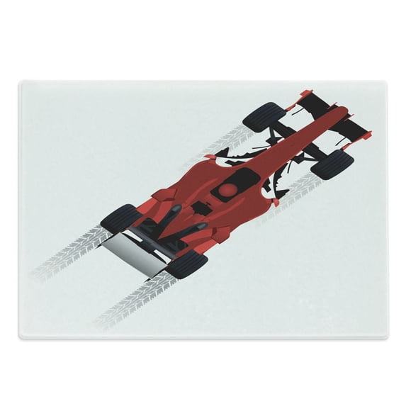 Cars Cutting Board, Formula Car on Speedway Championship Fast Performance Rally Strong Vehicle, Decorative Tempered Glass Cutting and Serving Board, Large Size, Red Black Pale Grey, by Ambesonne