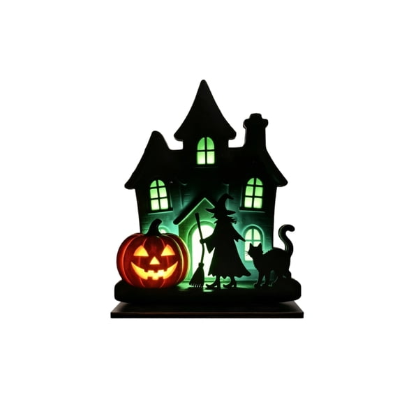 Halloween Wooden Craft Tabletop Decor, Cartoon Pumpkin Haunted House Wood Ornament, Festive Desktop Decoration for Halloween Party Home