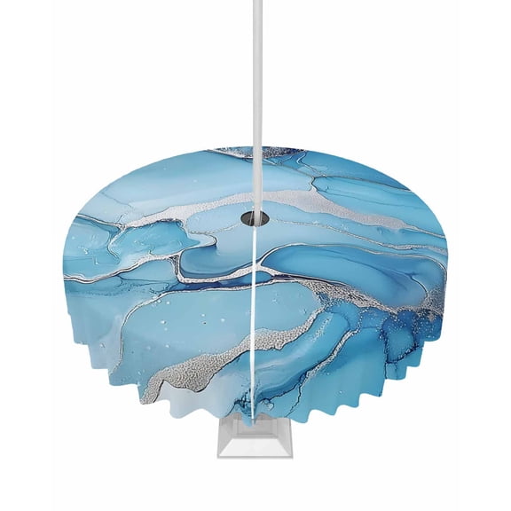nqOlkjepod Blue Marble Outdoor Tablecloth with Umbrella Hole & Zipper, Modern Abstract Aesthetics Art Round Table Cover 54 Inch, Dining Waterproof Table Cloth Protector for Patio/Party/Picnic