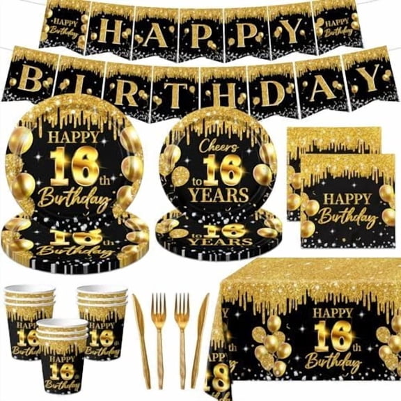 16th Birthday Tableware Decorations, 142Pcs Black Gold Cheers to 16 Years Tableware, 16th Birthday Party Plates and Napkins, Cups Banner Tablecloth for Boys Girls Sixteenth Birthday Party Supplies