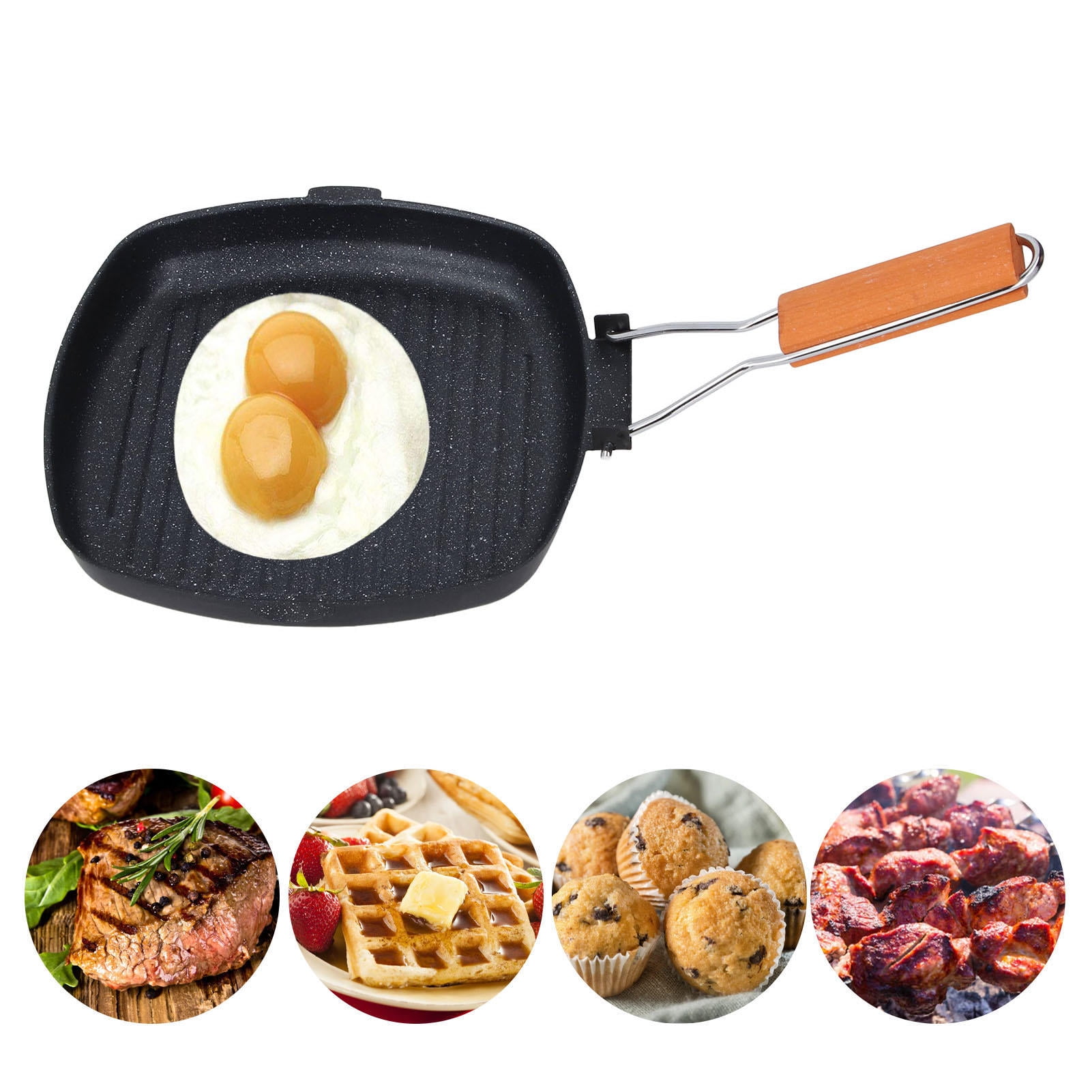 BIMZUC Maifan Stone Non‑Stick Grilling Pan – 10.6” Square, Ribbed Design, Foldable Wooden Handle, Flat Base, Gas & Induction Compatible