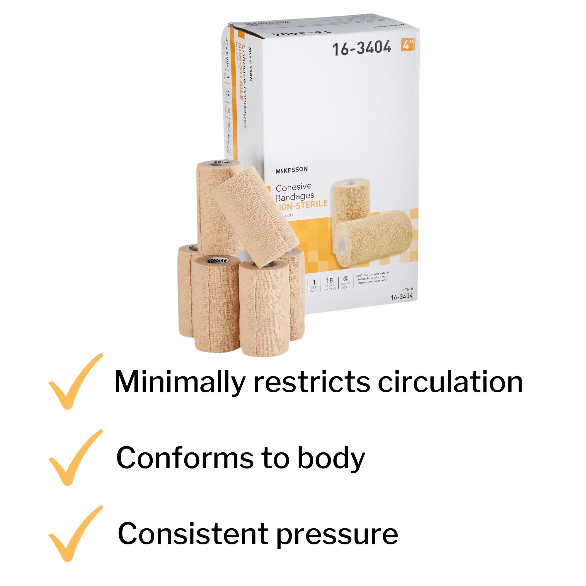 McKesson Cohesive Bandages, Self-Adherent Compression Wrap, 4 in x 5 yd, 1 Count, 18 Packs, 18 Total