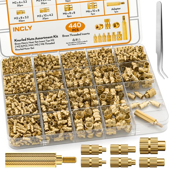 INCLY 440PCS Threaded Inserts M2 M2.5 M3 M4 M5 M6 Brass Heat Set Inserts for Plastic Parts Metric Knurled Nuts Assortment Kit for 3D Pr