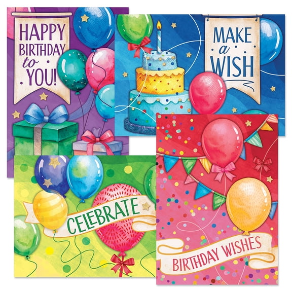 Current Festive Birthday Wishes Cards, Set of 8, 2 each of 4 designs,  Envelopes included, For Kids & Adults, Large 5" x 7" cards, Printed in the USA
