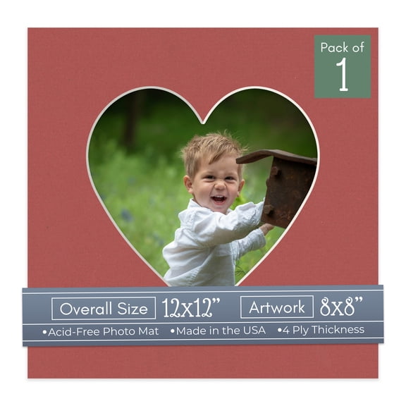 Brick Red Picture Frame Mat for 12x12 Frames - Heart Opening for 8x8 Photos - 1 Mat