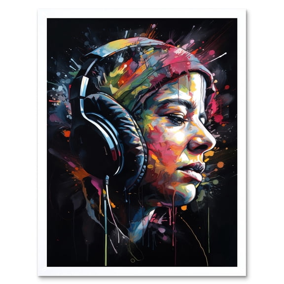 Lost in Melody Listening to Music Through Headphones Modern Acrylic Splat Paint Colour Painting Art Print Framed Poster Wall Decor 12x16 inch