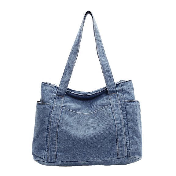 SPEKSEE Large Capacity Washed Denim Tote Bag, Casual Daily Shoulder Handbag with Zip‑Top Closure Roomy Denim Purse for Work Commute Shopping Travel