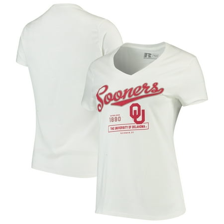 Oklahoma Russell Silk - Women's Russell White Oklahoma Sooners Script V-Neck T-Shirt