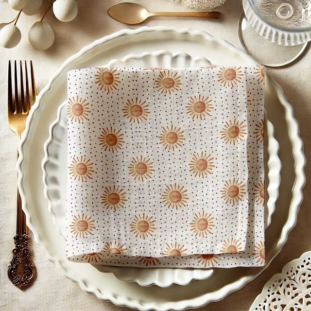 Vargottam Premium Cotton Muslin Napkins - Set of 12, 20-Inch Beige Dots Design, Soft and Absorbent Cloth Napkins for Dining, Decor, Weddings, and Special Occasions - Machine Washable, Table Linens
