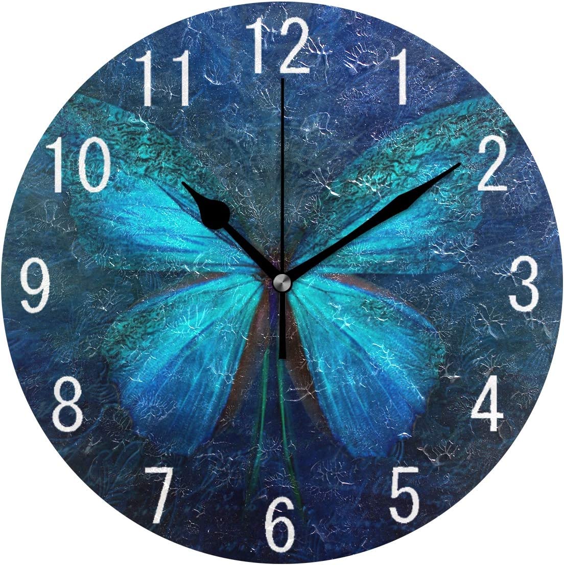 Digital Clock Blue Butterfly Round Wall Clock, Battery Operated Quartz