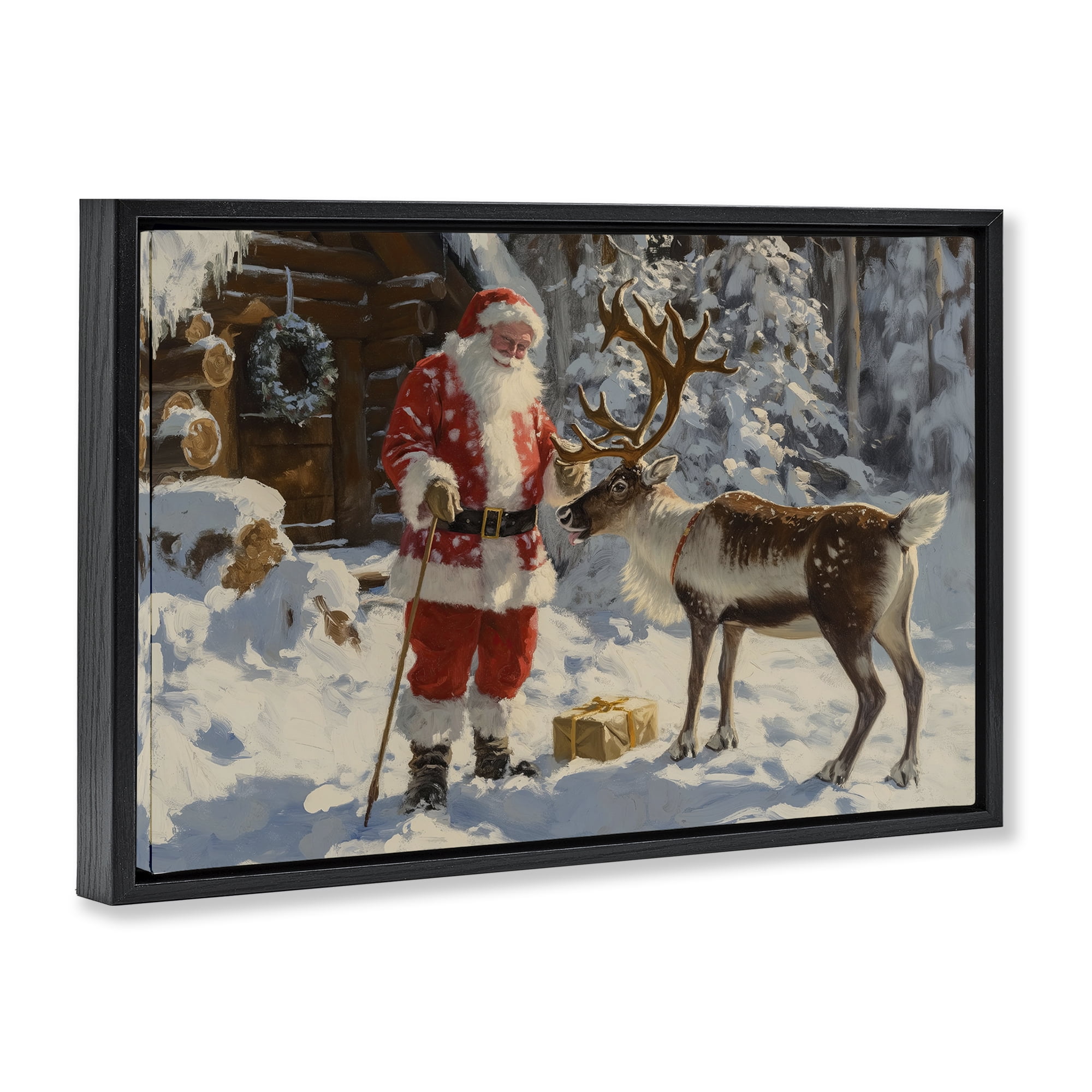Stupell Industries Santa with Reindeer Scene Holiday Painting Black Floater Framed Canvas Art Prints Wall Art, 25 x 17
