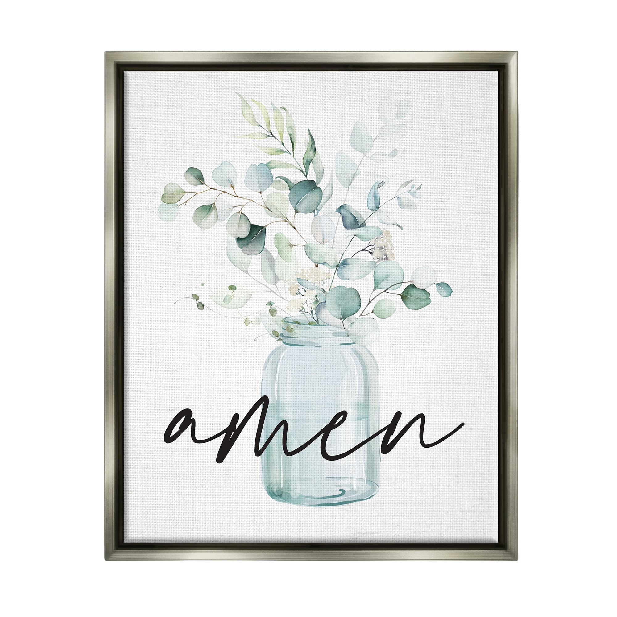 Stupell Industries Amen Religious Calligraphy Eucalyptus Botanicals Country Jar Graphic Art Luster Gray Floating Framed Canvas Print Wall Art, Design by Lettered and Lined