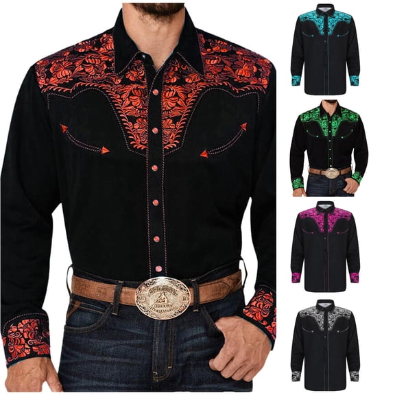 FINALGANG Mens Point Lapel Collar Button Floral Embroidery Western Cowboy Long Sleeve Shirt Regular Fit Country Stage Outdoor Vintage Casual Dress Tops Leisure Top Brick Red XXXL