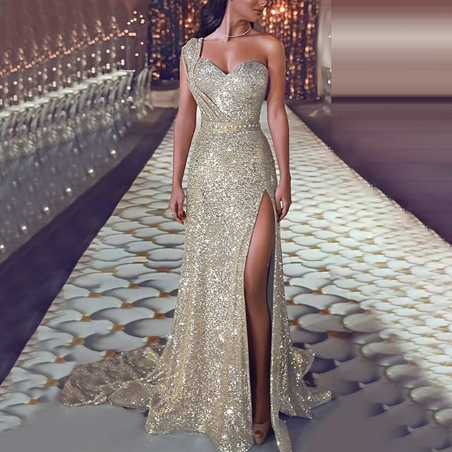 DondPO Robes d'Invitée de Mariage pour Femmes Robe Maxi Femmes Robe de Bal à Paillettes Robe de Fête Aguichant Dorée Demoiselle d'Honneur Col en V Longue Robe Robe de Bal Robe Aguichant Robe Dorée TTG