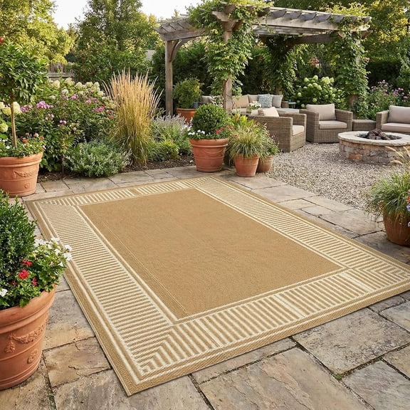 Waterproof Reversible Outdoor Rug 9 ft x 12 ft Rectangular Medallion Design Border Beige