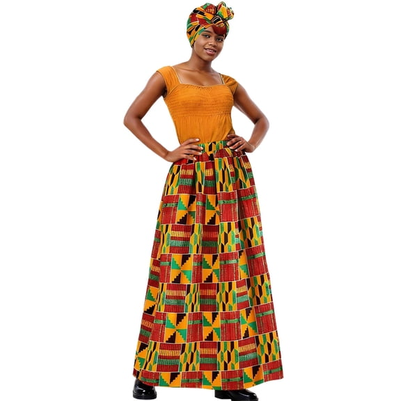 MuXiKeJi Clothes Stylish African Print Maxi Skirt Featuring Convenient Pockets and Included Casual Head Wrap Scarf