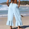 thumbnail image 4 of Women's Linen Wide Leg Pants Casual Cropped Crinkle Design with Drawstring Waist and Loose Fit Ruffled Hem Trousers for Everyday Wear Light Blue S, 4 of 5