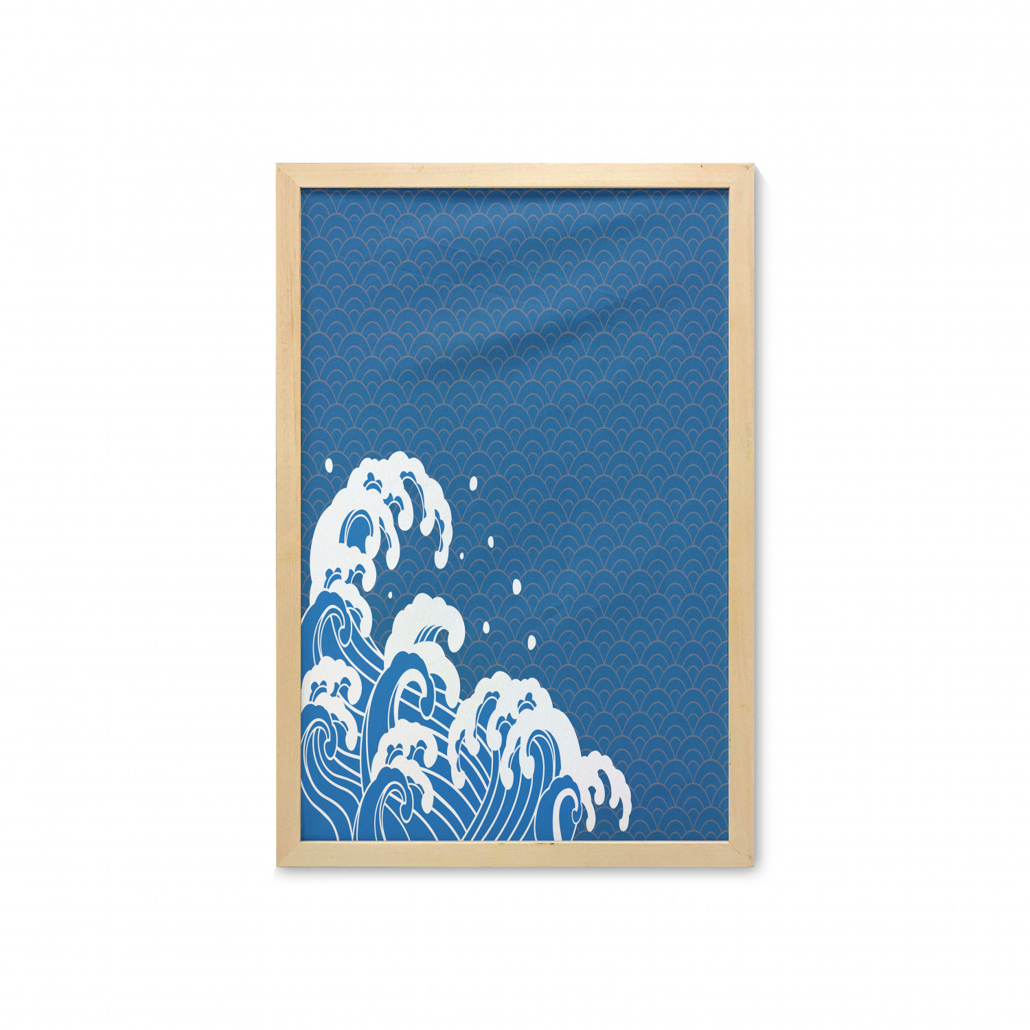 Japanese Wave Wall Art with Frame, Illustration of Sea Curves Oriental