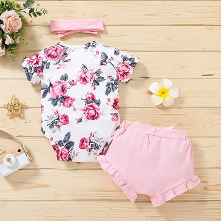 

Cathalem New Born Baby Clothes 0-18M Floral Newborn Headband Tops Pieces Outfit Romper Three Prints Shorts Outfits for Teen Girls Childrenscostume Pink 6-12 Months