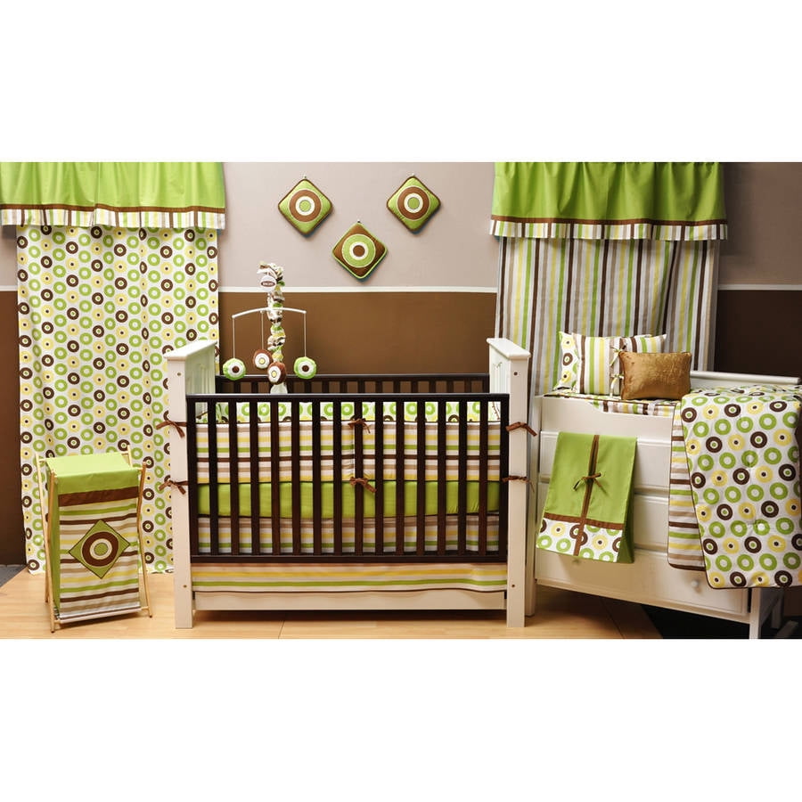 Bacati - Mod Dots Crib/Toddler Bed Sheets 100% Cotton Percale, Green/Yellow/Choc, 2-Pack