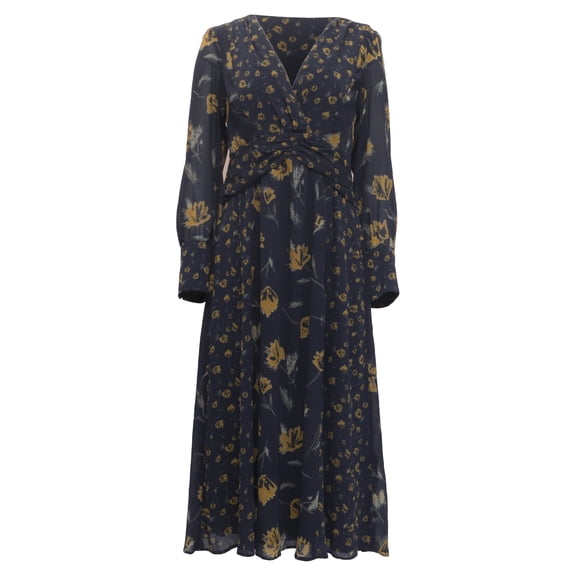 Pre-Owned Ba&Sh Finaya Floral-Print Long Sleeve Midi Dress in Navy Blue Polyester