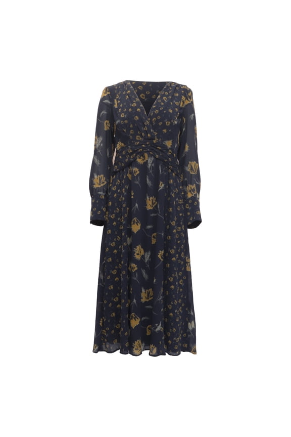 Pre-Owned Ba&Sh Finaya Floral-Print Long Sleeve Midi Dress in Navy Blue Polyester