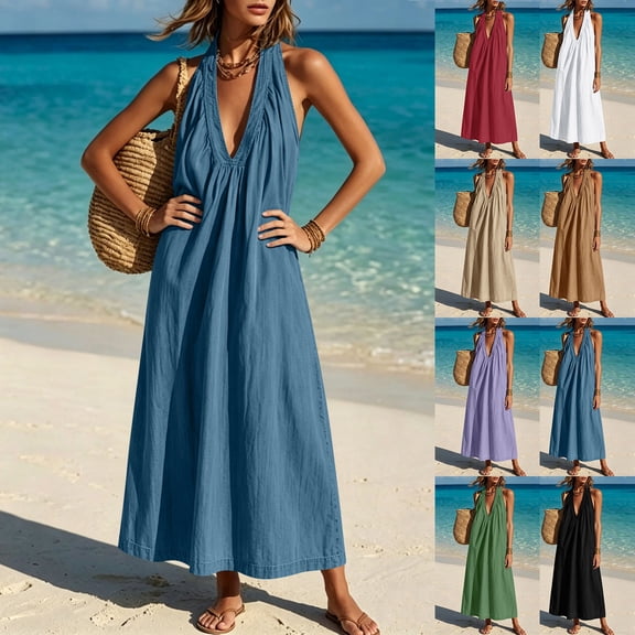 Yeaiivve Summer Dresses for Women 2026 Boho Halter Maxi Dress Deep V Neck Backless Linen Dress Lightweight Flowy Long Dresses for Travel Cruise Outfits Army Green,XL
