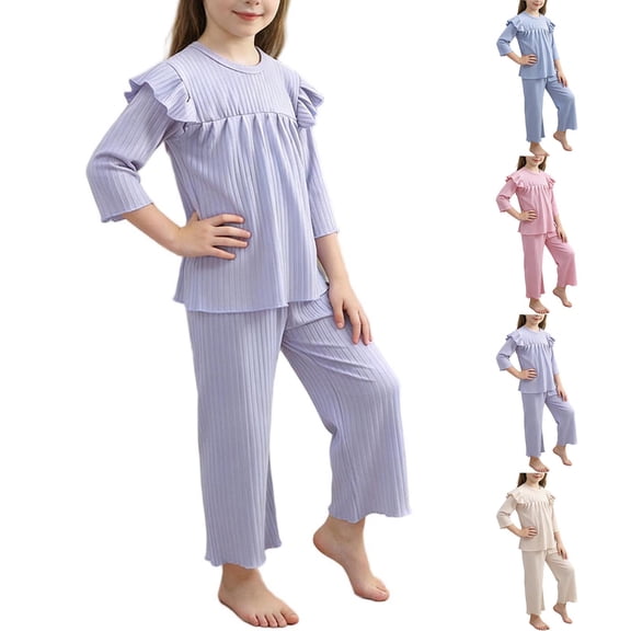 Bovxnpu Girls' Pajama Sets 2 Piece Lounge Sets Kids Cotton Solid Long Sleeve Crew Neck Shirt   Pajama Pants 2-Piece Sets Summer Outfits