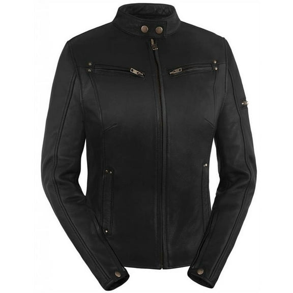 True Element Women's Sleek Vented Scooter Style  Motorcycle Leather Jacket (Black, Large)