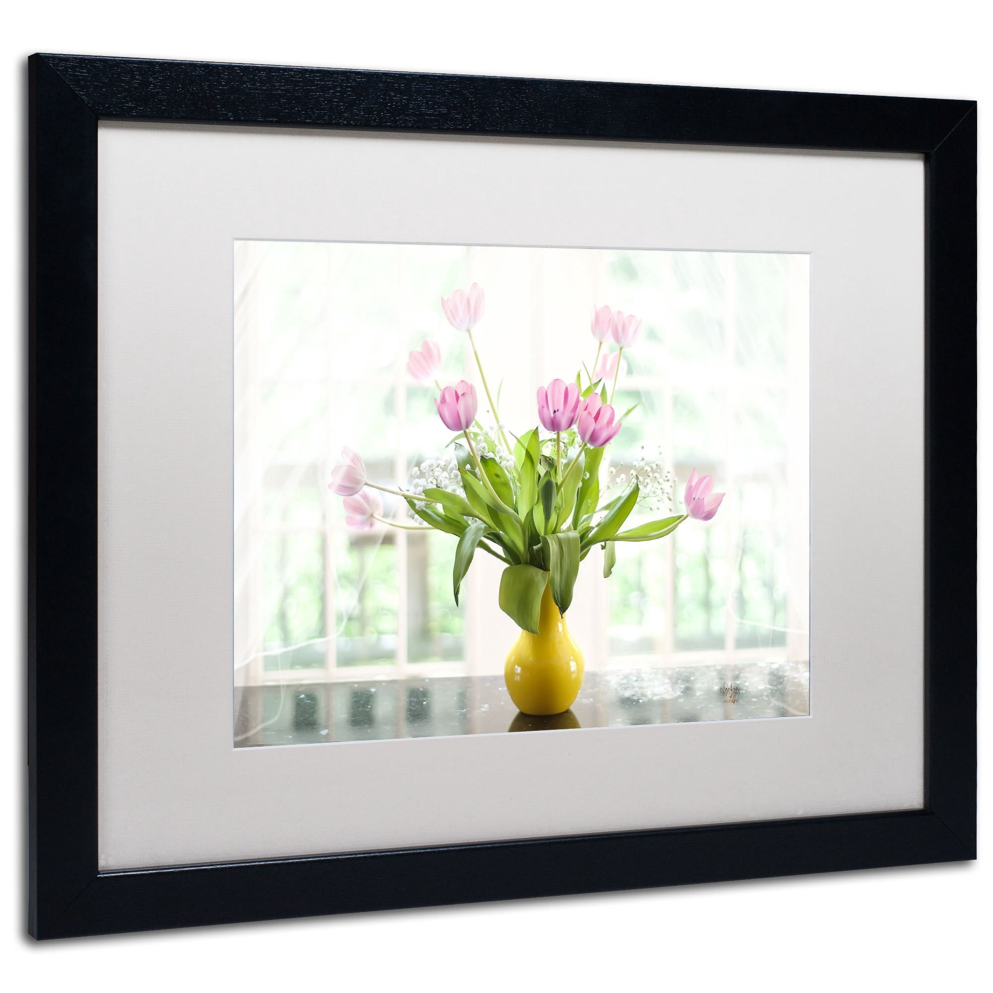Trademark Fine Art "Pink Tulips in the Window" Canvas Art by Lois Bryan, White Mat, Black Frame