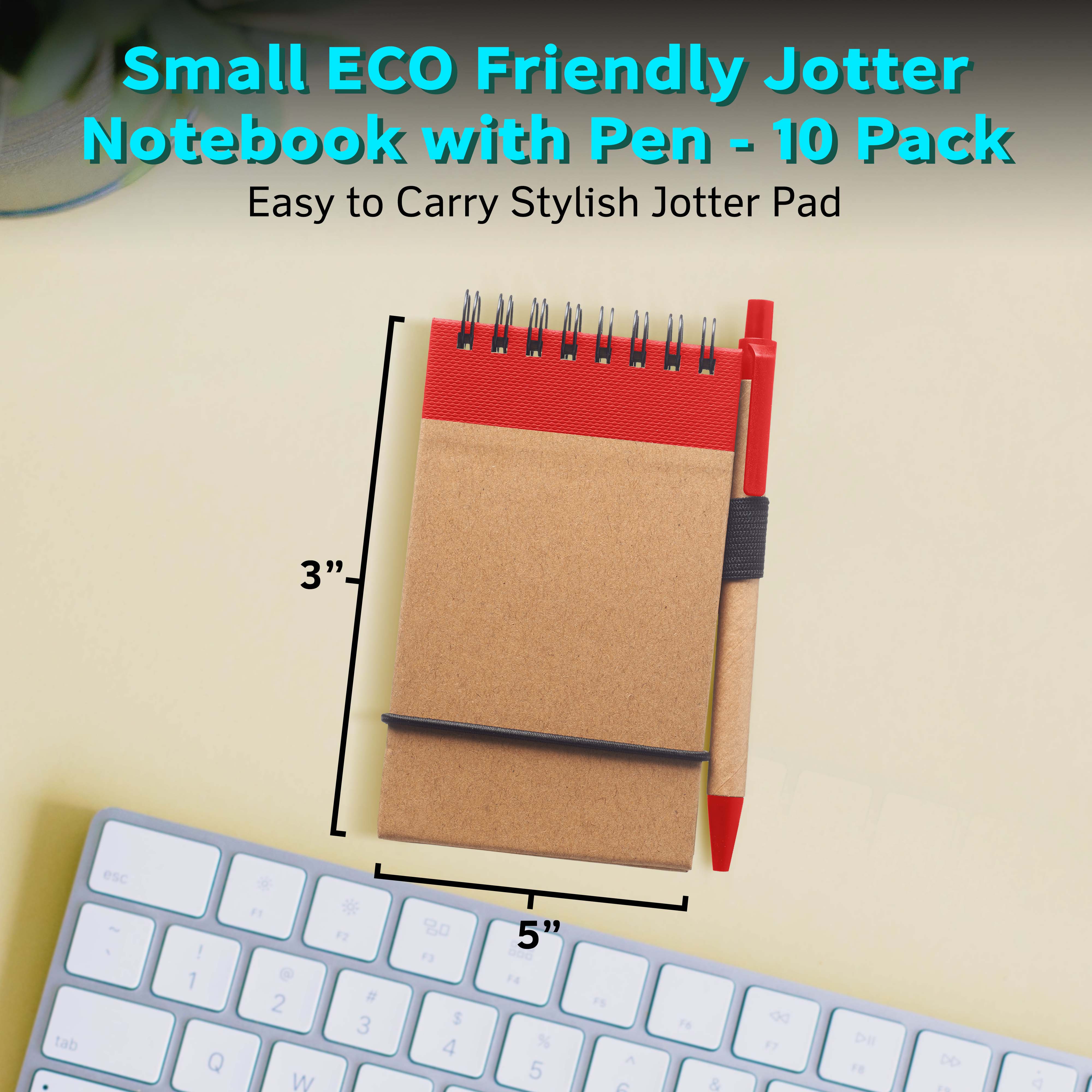 10 ECO Jotters with Pen Set - Recycled Paper, 3 x 5 inches, Minimalist, Handy - Red