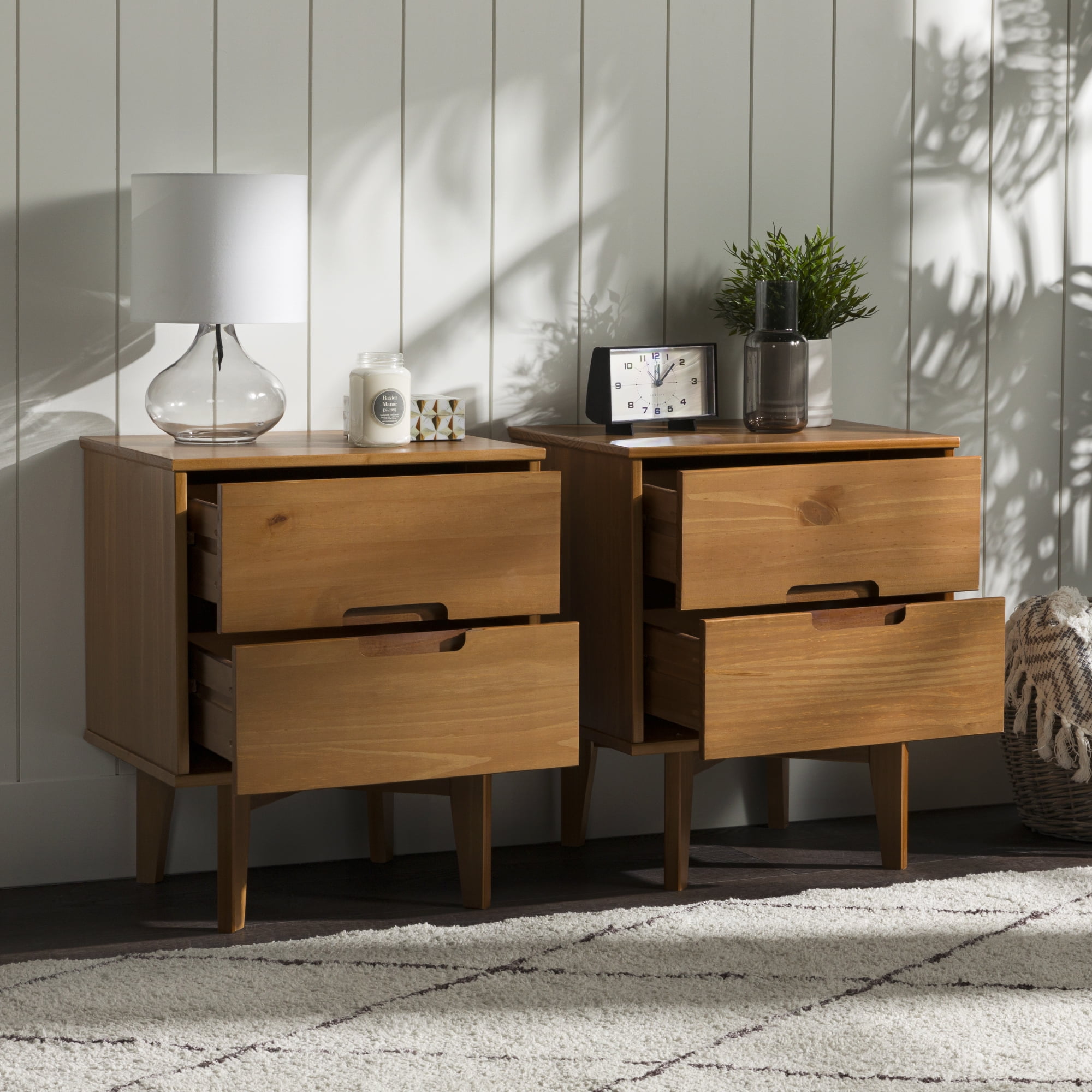 Walker Edison Mid-Century Modern 2-Drawer Solid Wood Nightstands, Caramel, Set of 2